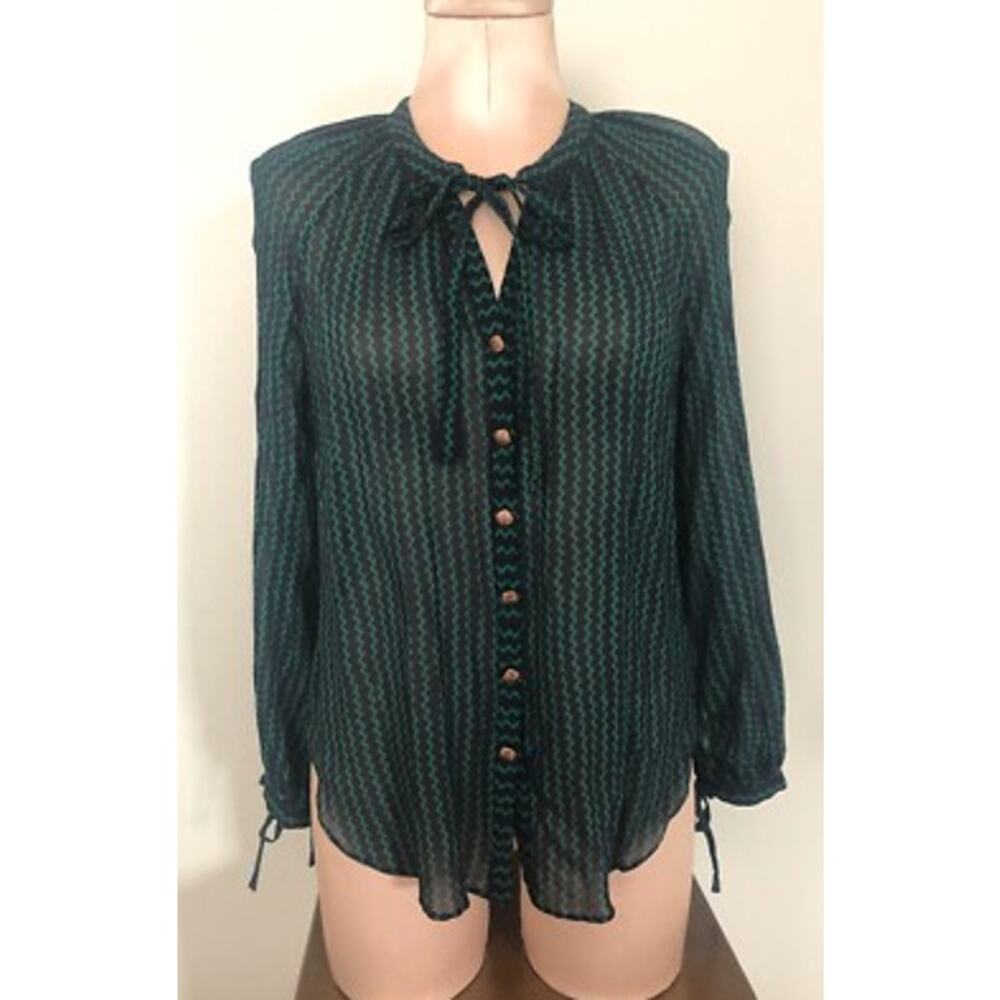Anthropologie Maeve Della Zig Zag Blouse XS Navy Green Sheer Button Down Boho